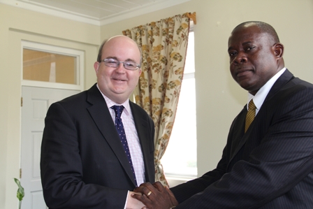 Minister of Agriculture on Nevis Hon. Robelto Hector (right) welcomes British High Commissioner to Barbados and the Eastern Caribbean His Excellency Paul Brummell to Nevis at his Nevis Island Administration Office in Charlestown